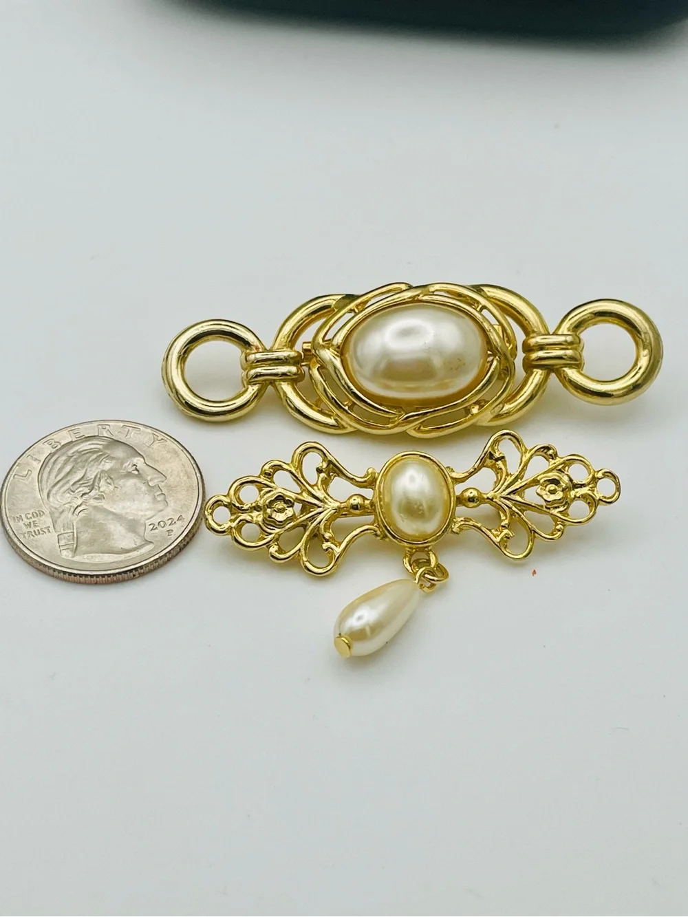 Gold-Tone Pearl Filigree 2 Brooch Set - one with Dangle Pearl. Pearl Cabochons